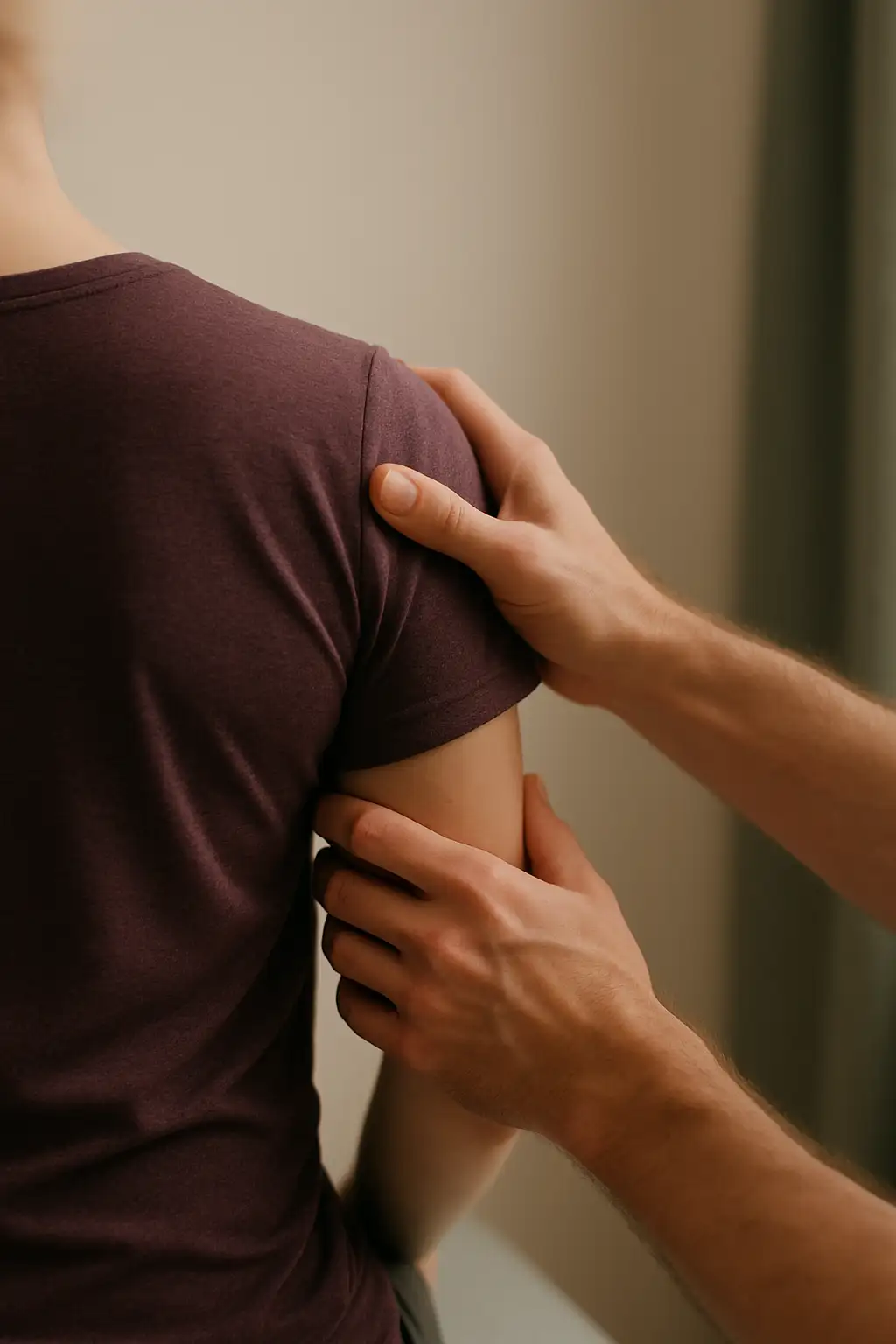 A physiotherapist's hands supporting a patient's shoulder mid-assessment