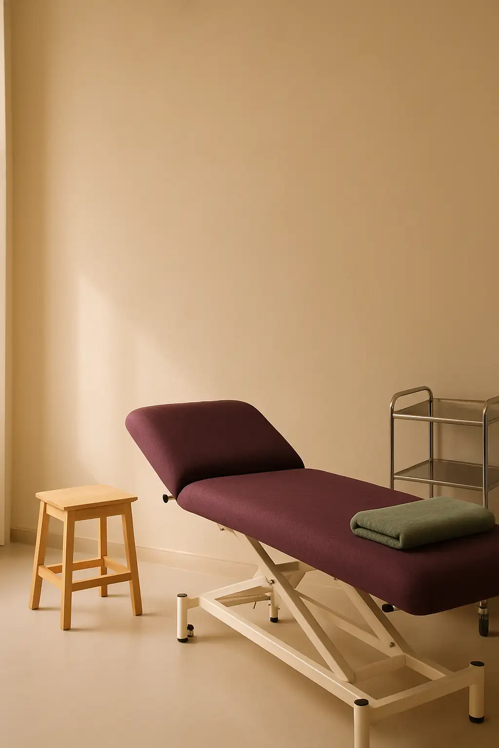 An empty treatment room with a plum-linen treatment bed in soft morning light